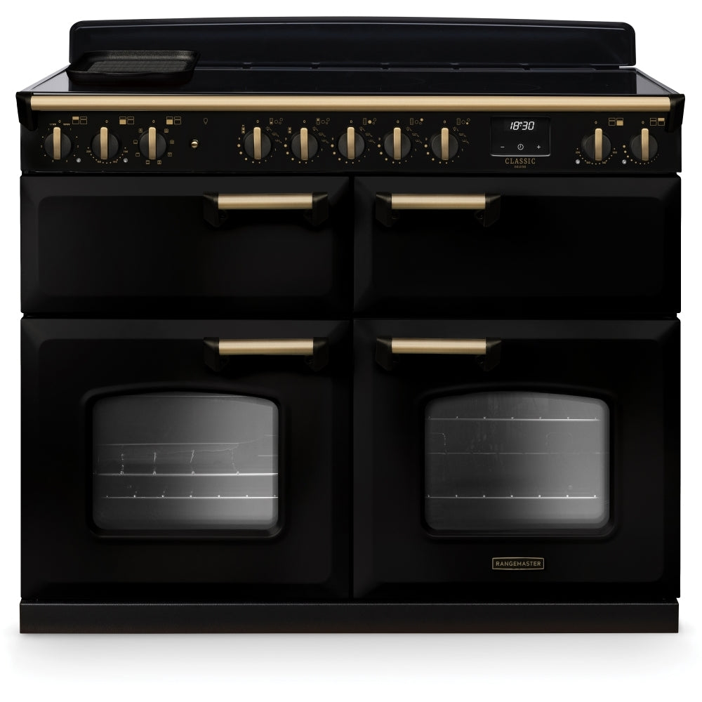 Rangemaster Classic Deluxe BC CLDLB110EIPGBL/AB1 110cm wide Electric Range Cooker with Induction Hob - Black / Antique Brass