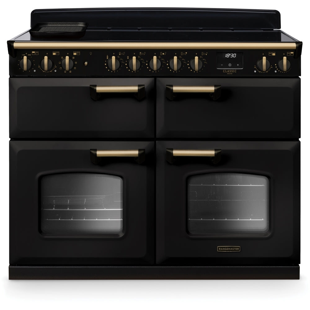 Rangemaster Classic Deluxe BC CLDLB110EIPCBL/AB1 110cm wide Electric Range Cooker with Induction Hob - Charcoal Black / Antique Brass