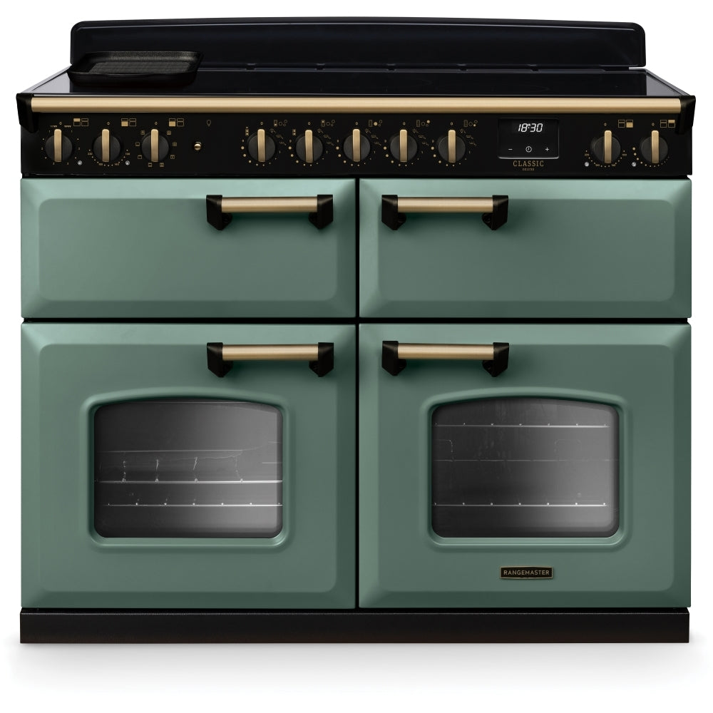 Rangemaster Classic Deluxe BC CLDLB110EIPMGR/AB1 110cm wide Electric Range Cooker with Induction Hob - Mineral Green / Antique Brass
