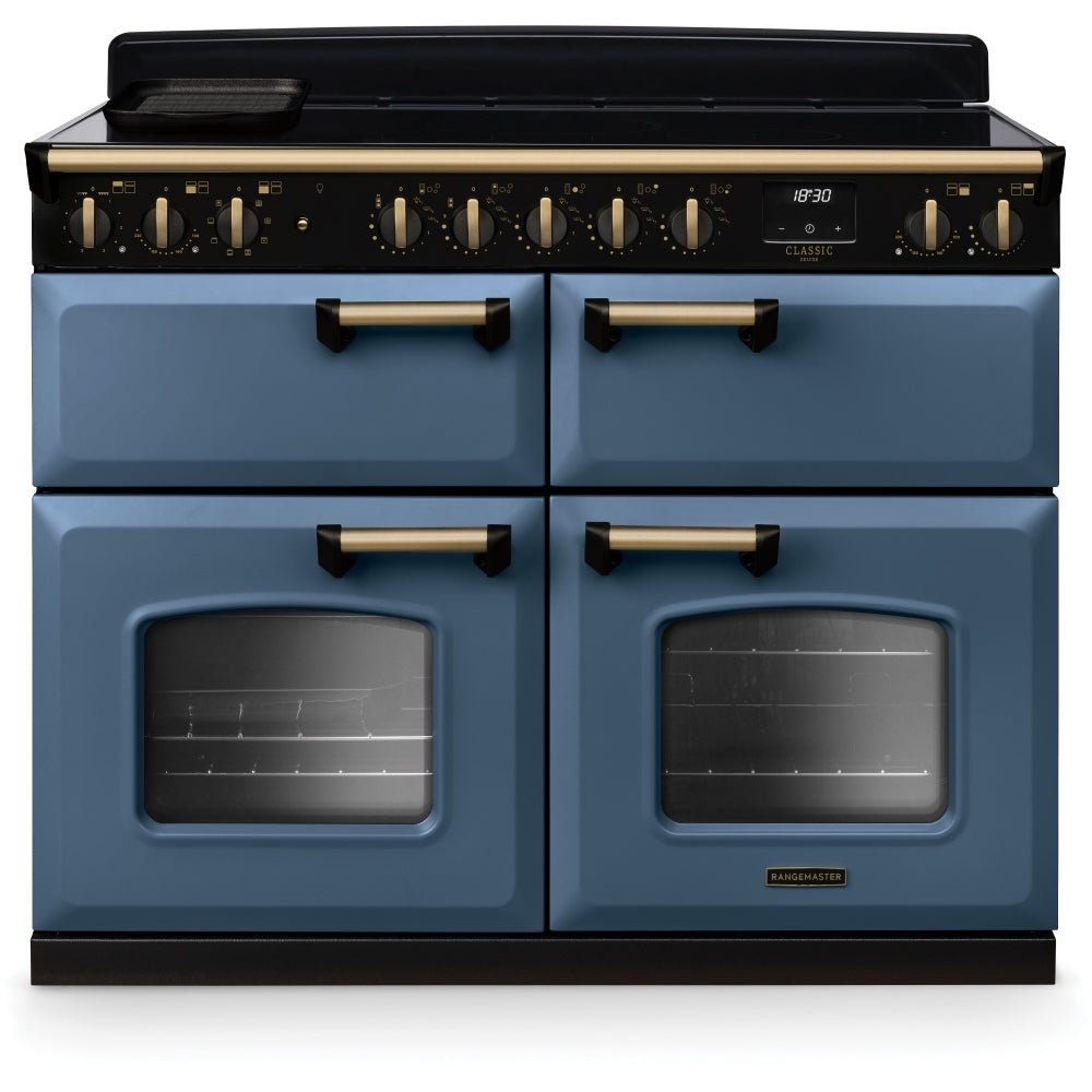Rangemaster Classic Deluxe BC CLDLB110EIPSTB/AB1 110cm wide Electric Range Cooker with Induction Hob - Stone Blue / Antique Brass