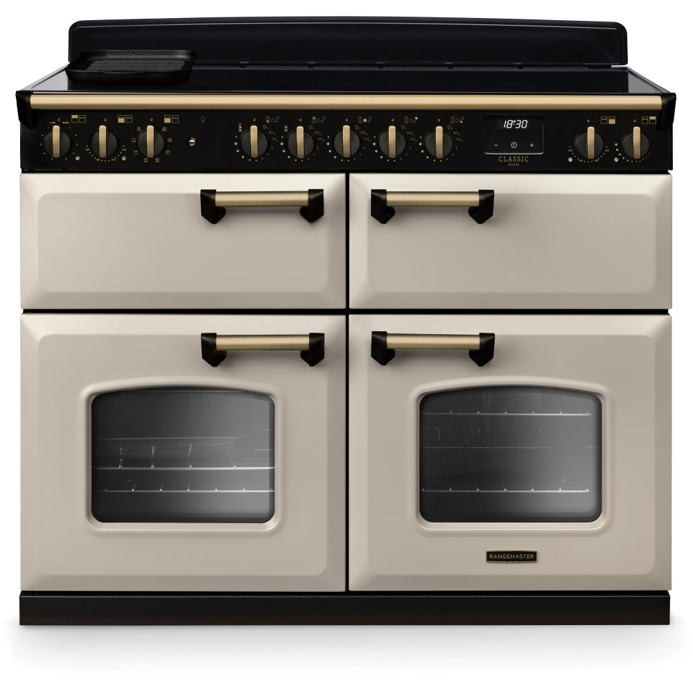 Rangemaster Classic Deluxe BC CLDLB110EIPPCR/AB1 110cm wide Electric Range Cooker with Induction Hob - Cream / Antique Brass
