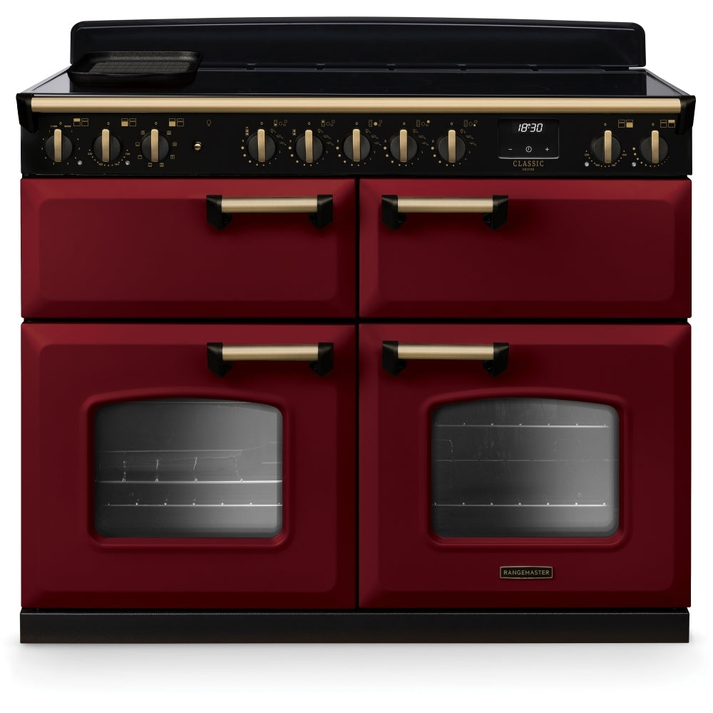 Rangemaster Classic Deluxe BC CLDLB110EIPBOR/AB1 110cm wide Electric Range Cooker with Induction Hob - Bordeaux / Antique Brass