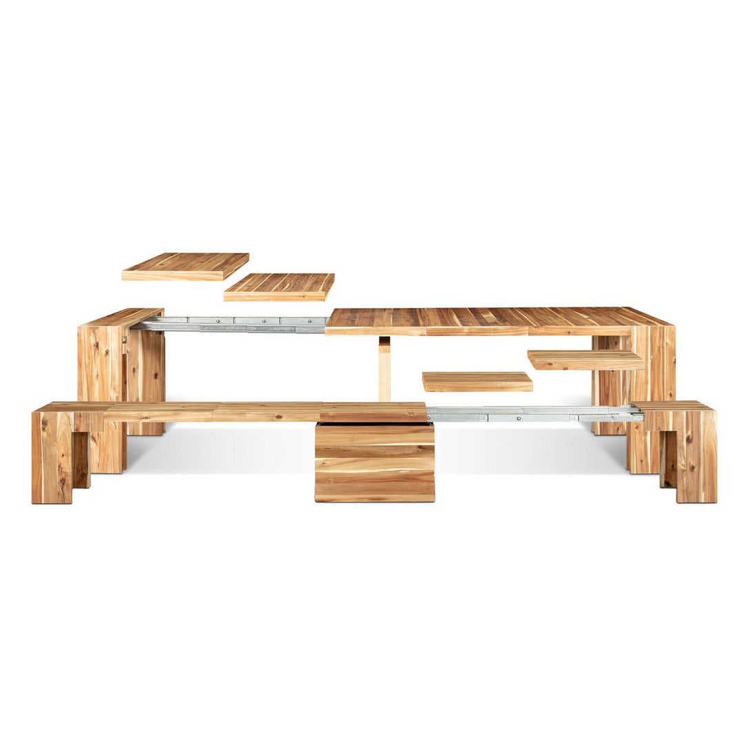 Transformer Extending Dining Table in Australian Acacia with One Bench and Coffee Table