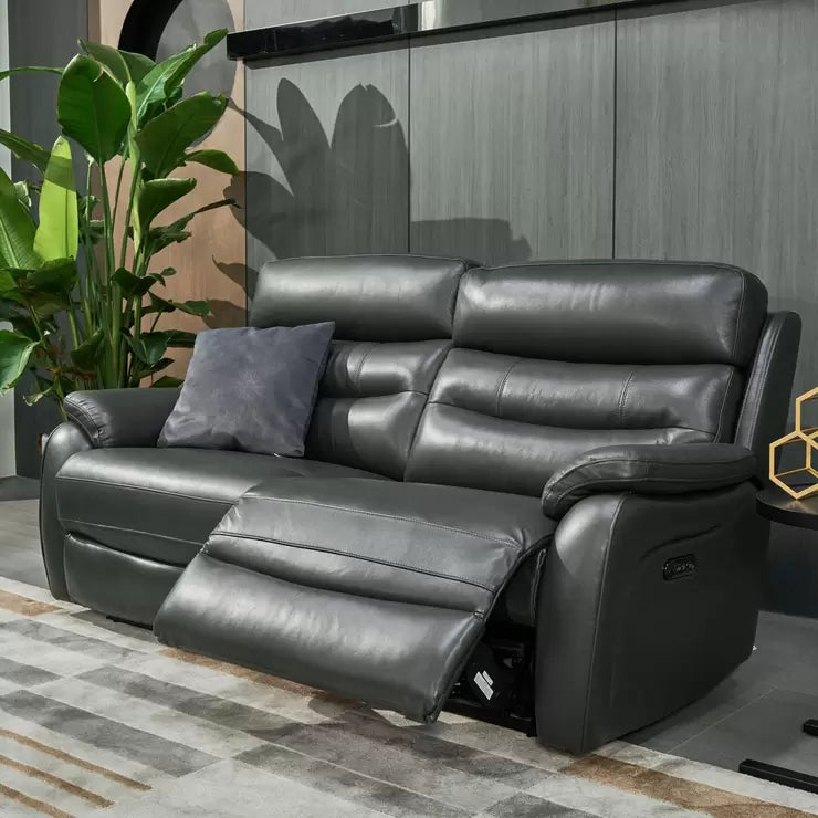 Fletcher Dark Grey Leather Power Reclining Large 2 Seater Sofa with Power Headrest