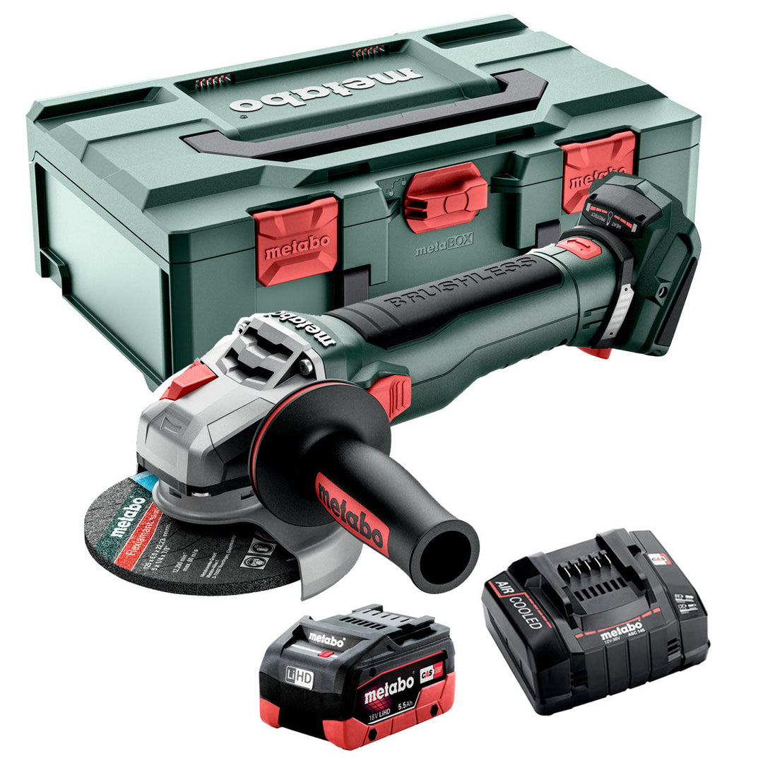 Metabo WB 18 LT BL 11-125 18V Brushless Angle Grinder with 1 x 5.5Ah Battery Charger & Case