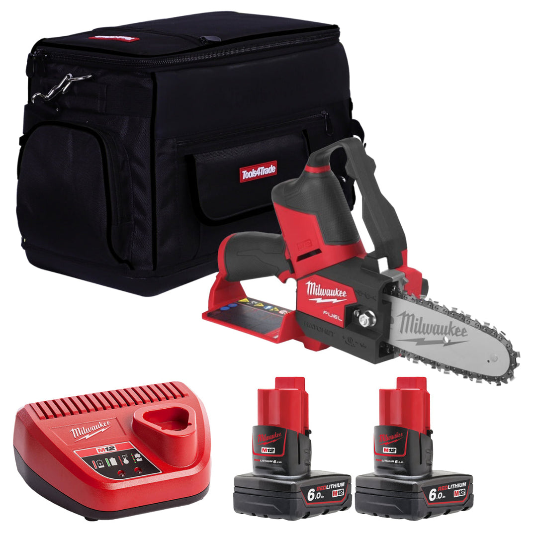 Milwaukee M12FHS-602X 12V 6" FUEL Brushless Hatchet Pruning Saw with 2 x 6.0Ah Batteries, Charger & Tool Bag