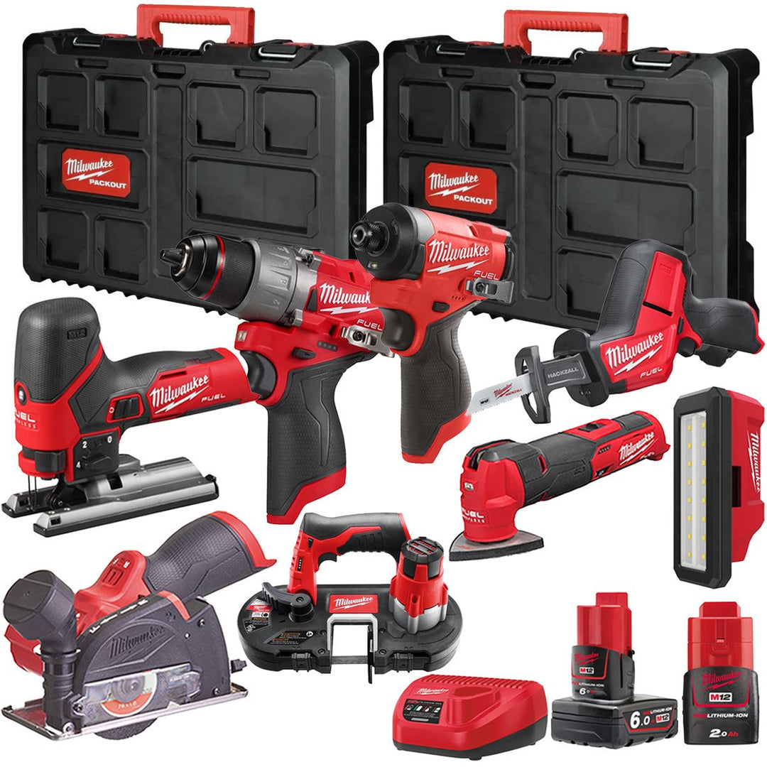 Milwaukee M12FPP7B2-646P 12V Fuel 8 Piece Powerpack Tool Kit with 1 x 6.0Ah & 2.0Ah Batteries, Charger & Case