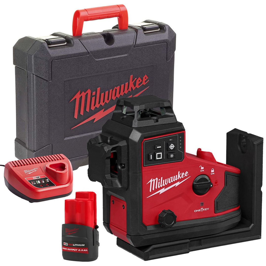 Milwaukee M12A3PLO-0C 12V M12 Green Auto Alignment 360° 3 Plane Laser with 1 x 2.5Ah Battery Charger & Case