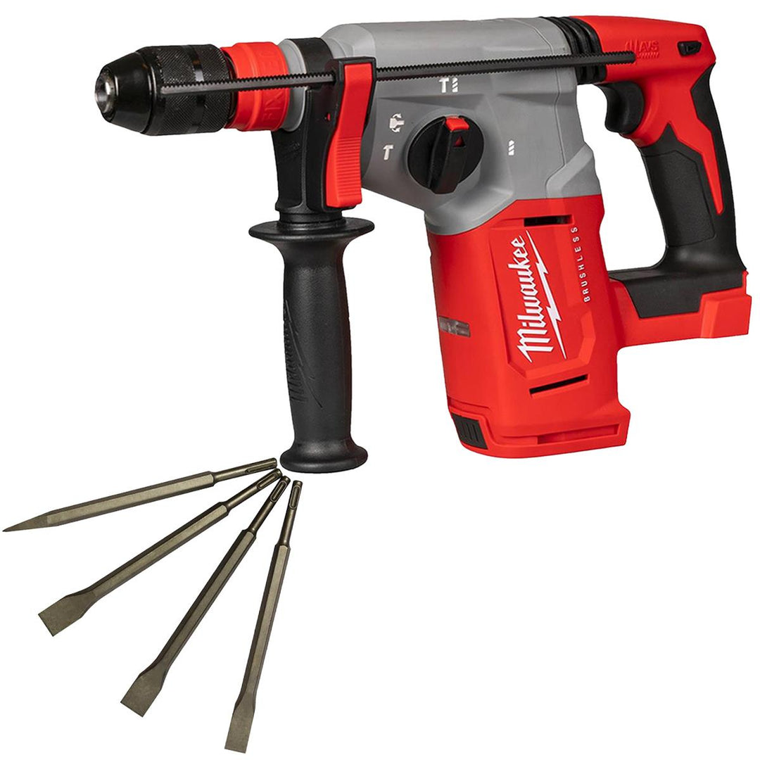 Milwaukee M18BLHX-0 18V Brushless 4-Mode SDS+ Hammer Drill With 4 Piece Chisel Set