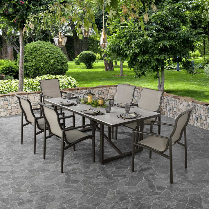 Agio Delray 7 Piece Sling Dining Patio Set with Sintered Stone Table Top + Cover