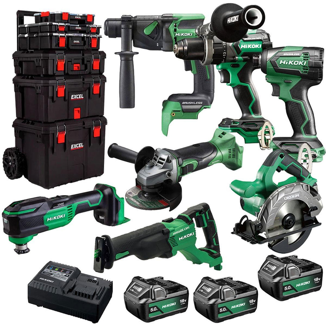Hikoki 18V 7 Piece Power Tool Combo Kit with 3 x 5.0Ah Battery & Trolley Toolbox