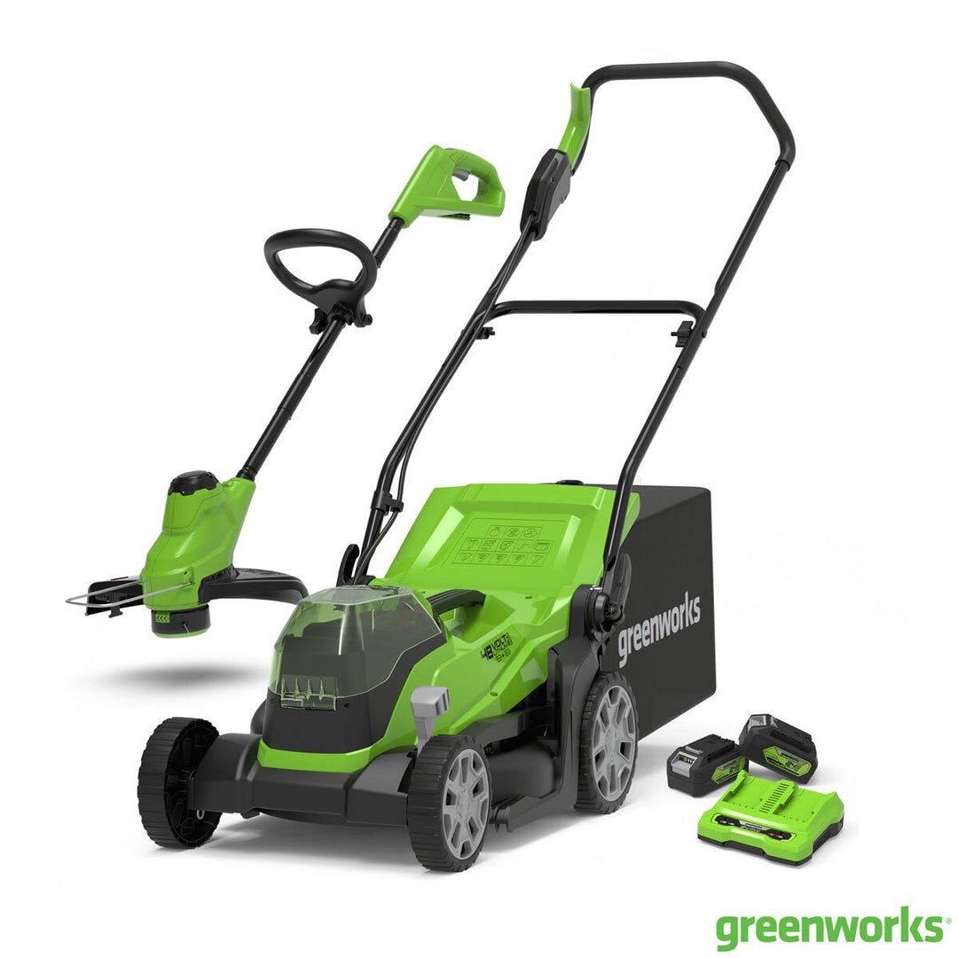 Greenworks 48V (4Ah) 36cm Hand-propelled Cordless Battery Lawnmower & 24V (4Ah) 25cm Line Trimmer Bundle