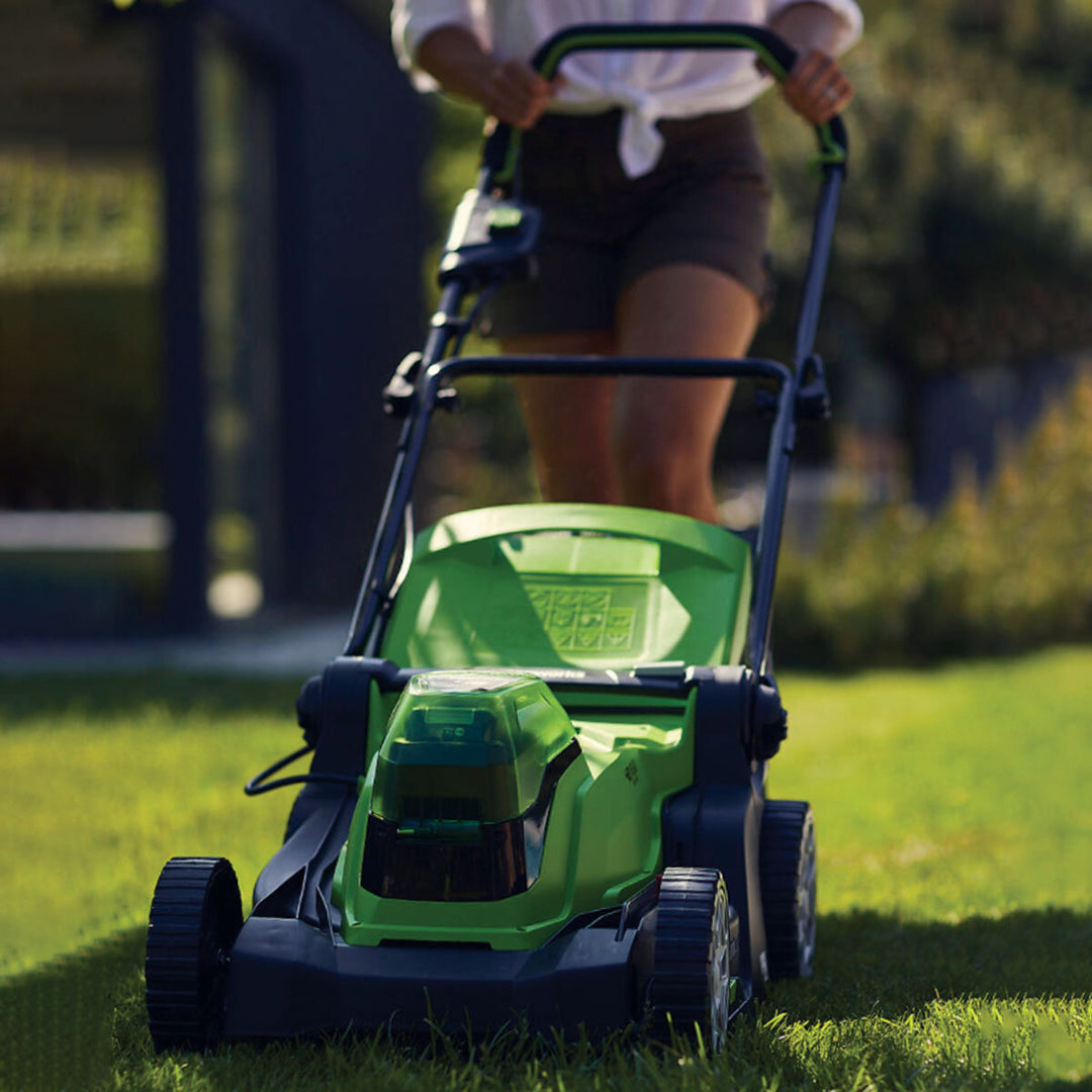 Greenworks 48V (4Ah) 36cm Hand-propelled Cordless Battery Lawnmower & 24V (4Ah) 25cm Line Trimmer Bundle