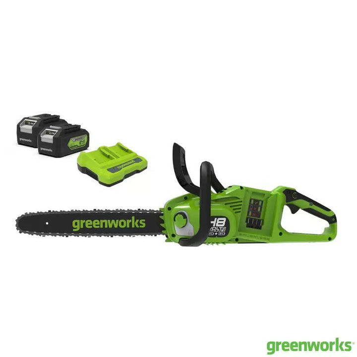 Greenworks 48V 36cm Cordless Brushless Chainsaw + 2 x 24V (4Ah) Battery &amp; 2Ah Twin Charger Bundle