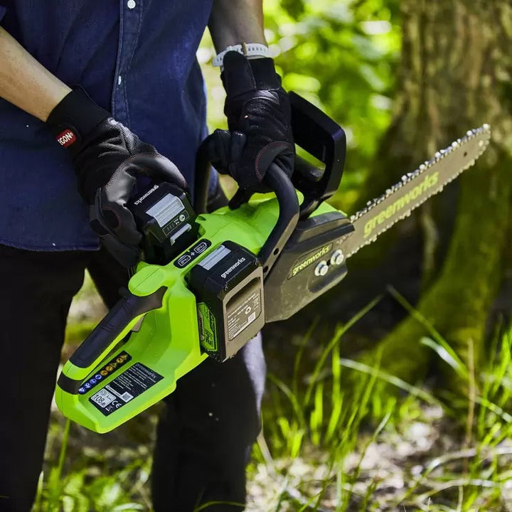 Greenworks 48V 36cm Cordless Brushless Chainsaw + 2 x 24V (4Ah) Battery &amp; 2Ah Twin Charger Bundle