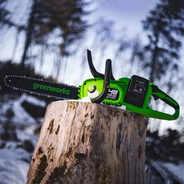 Greenworks 48V 36cm Cordless Brushless Chainsaw + 2 x 24V (4Ah) Battery &amp; 2Ah Twin Charger Bundle