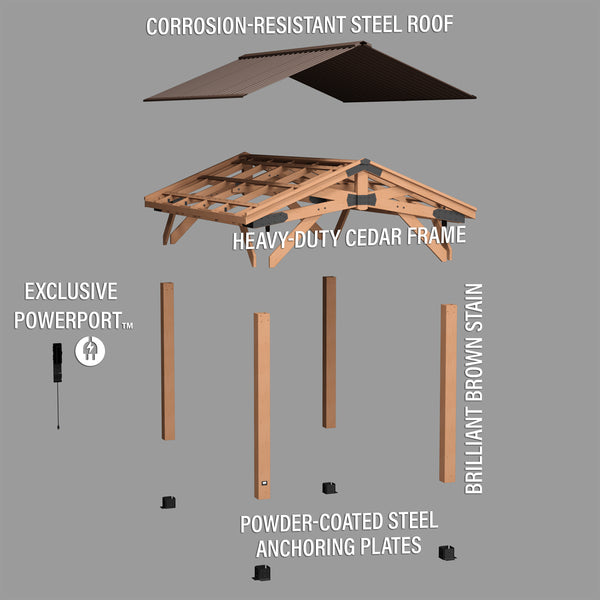 Backyard Discovery Norwood Gazebo 4.3 × 3.0 m | Cedar Wood Frame, Galvanised Steel Peak Roof, Pro-Tect™ Tested, PowerPort™, Pre-Stained, Easy Assembly, 5-Year Warranty