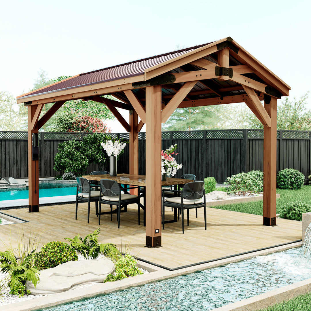 Backyard Discovery Norwood Gazebo 4.3 × 3.0 m | Cedar Wood Frame, Galvanised Steel Peak Roof, Pro-Tect™ Tested, PowerPort™, Pre-Stained, Easy Assembly, 5-Year Warranty