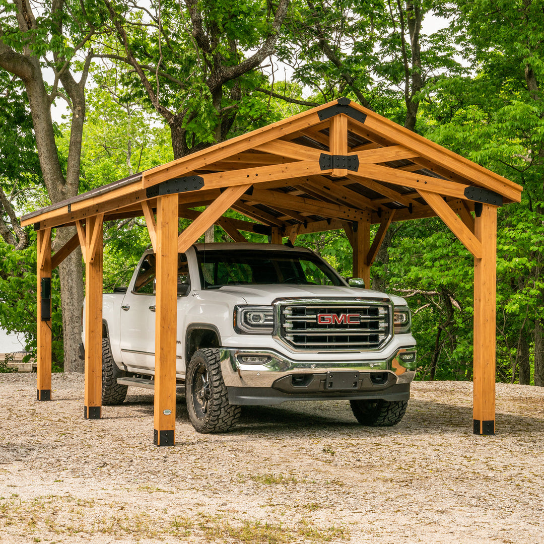 Backyard Discovery Norwood Carport/Gazebo 6.1 × 3.7 m (20 × 12 ft) – Cedar Wood Frame, Heavy-Duty Steel Peak Roof, PowerPort™ (2 Outlets, USB, USB-C), Pro-Tect™ Tested, 5-Year Warranty