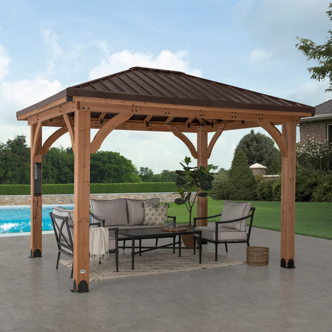 Backyard Discovery Barrington Gazebo 3.7 × 3.0 m – Cedar Wood Frame, Heavy-Duty Galvanised Steel Hip Roof, PowerPort™ (2 Outlets, USB, USB-C), Pro-Tect™ Tested, 5-Year Warranty