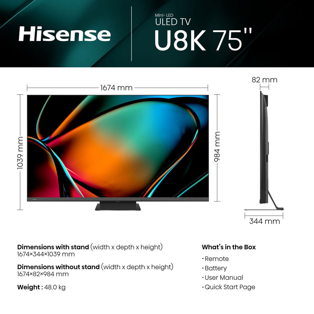 Hisense 75U8KQTUK 75 Inch Mini LED 4K UHD Smart TV