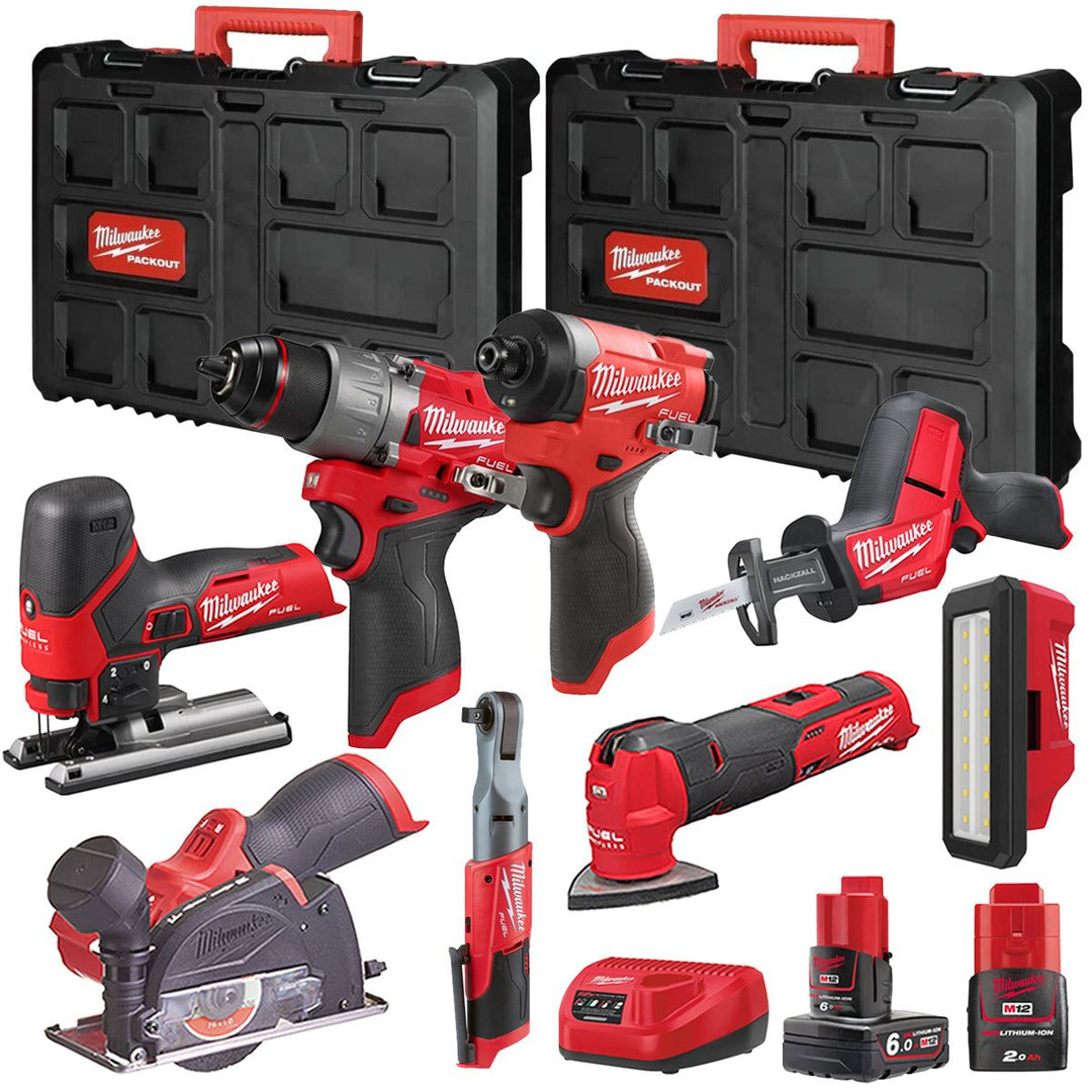 Milwaukee M12FPP7B2-652P 12V Fuel 8 Piece Powerpack Tool Kit with 1 x 6.0Ah & 2.0Ah Batteries, Charger & Case