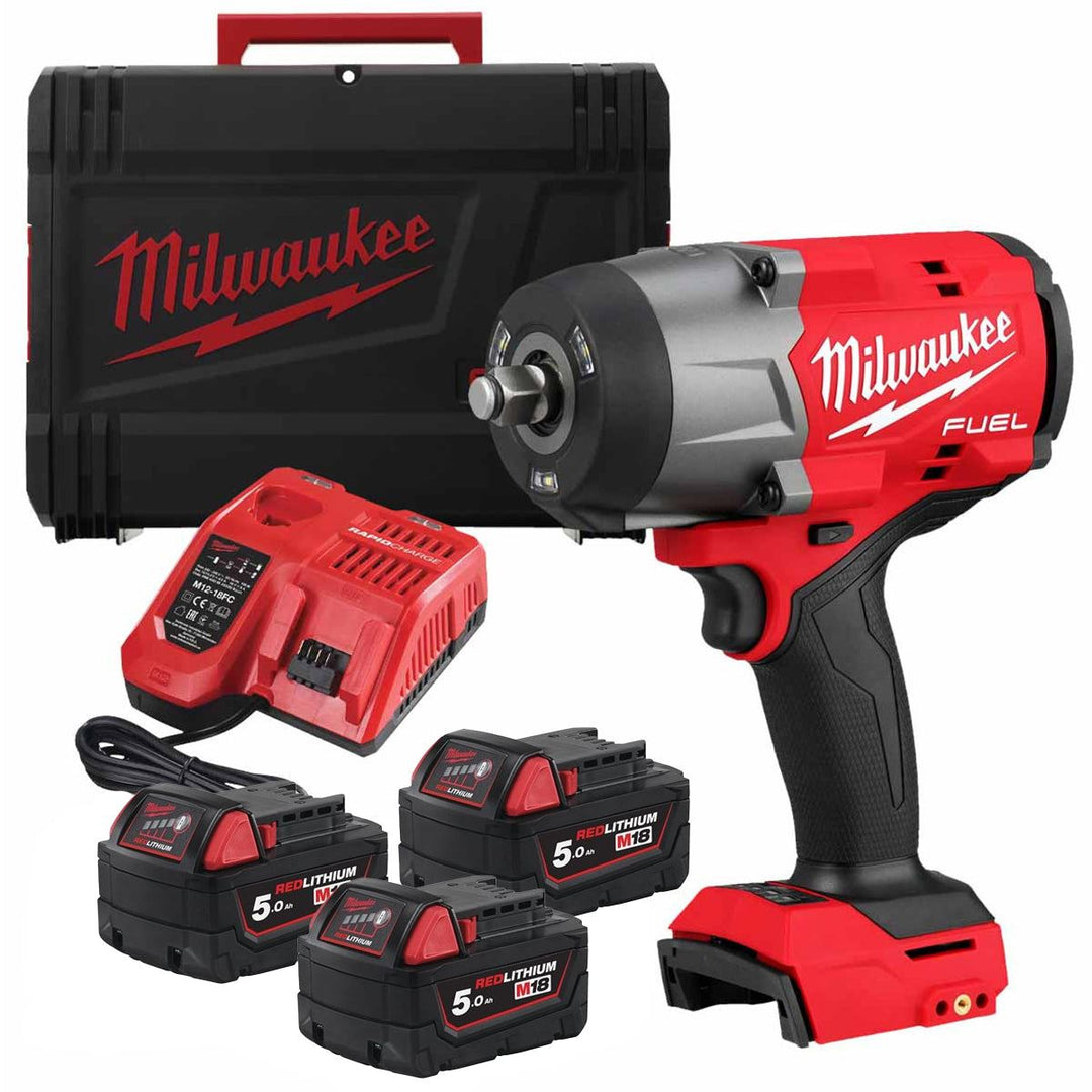 Milwaukee M18FHIW2F12-503X 18V Fuel 1/2" Impact Wrench with 3 x 5.0Ah Battery Charger &amp; Case 4933498251