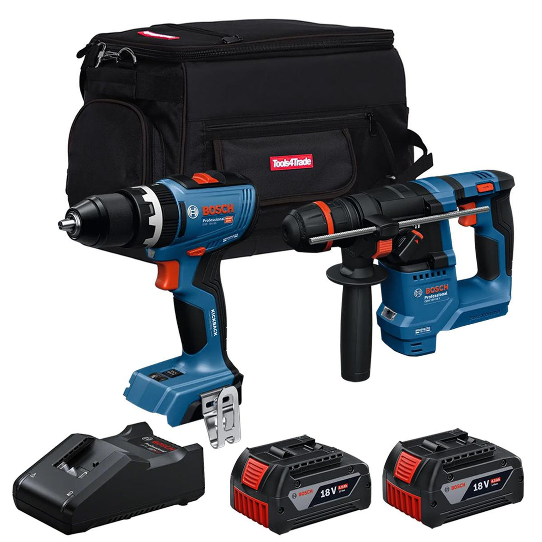 Bosch 18V Brushless Hammer Drill & Combi Drill with 2 x 4.0Ah Battery Charger & Bag T4TKIT-28119