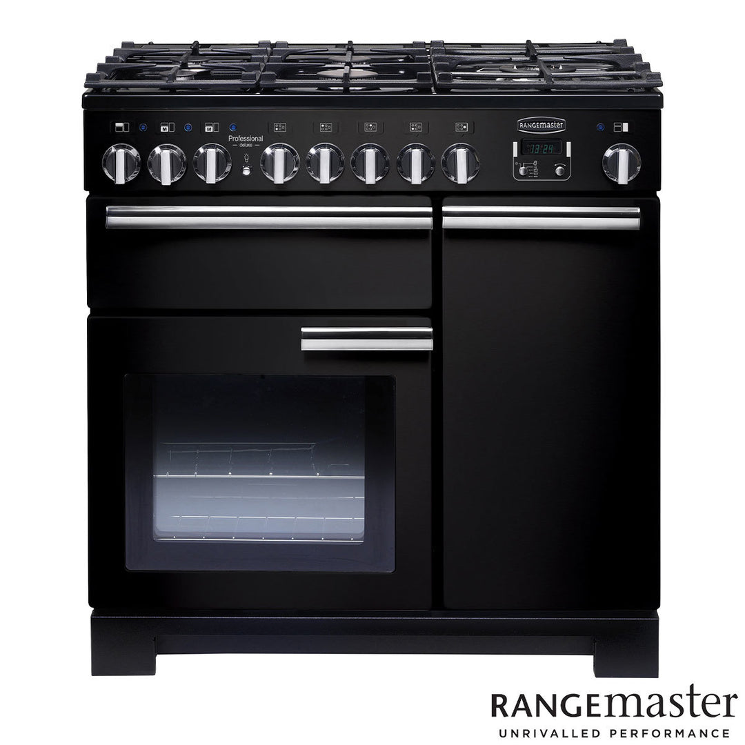 Rangemaster PDL90DFFGB/C, Professional Deluxe 90cm Dual Fuel Range Cooker, A Rated in Black