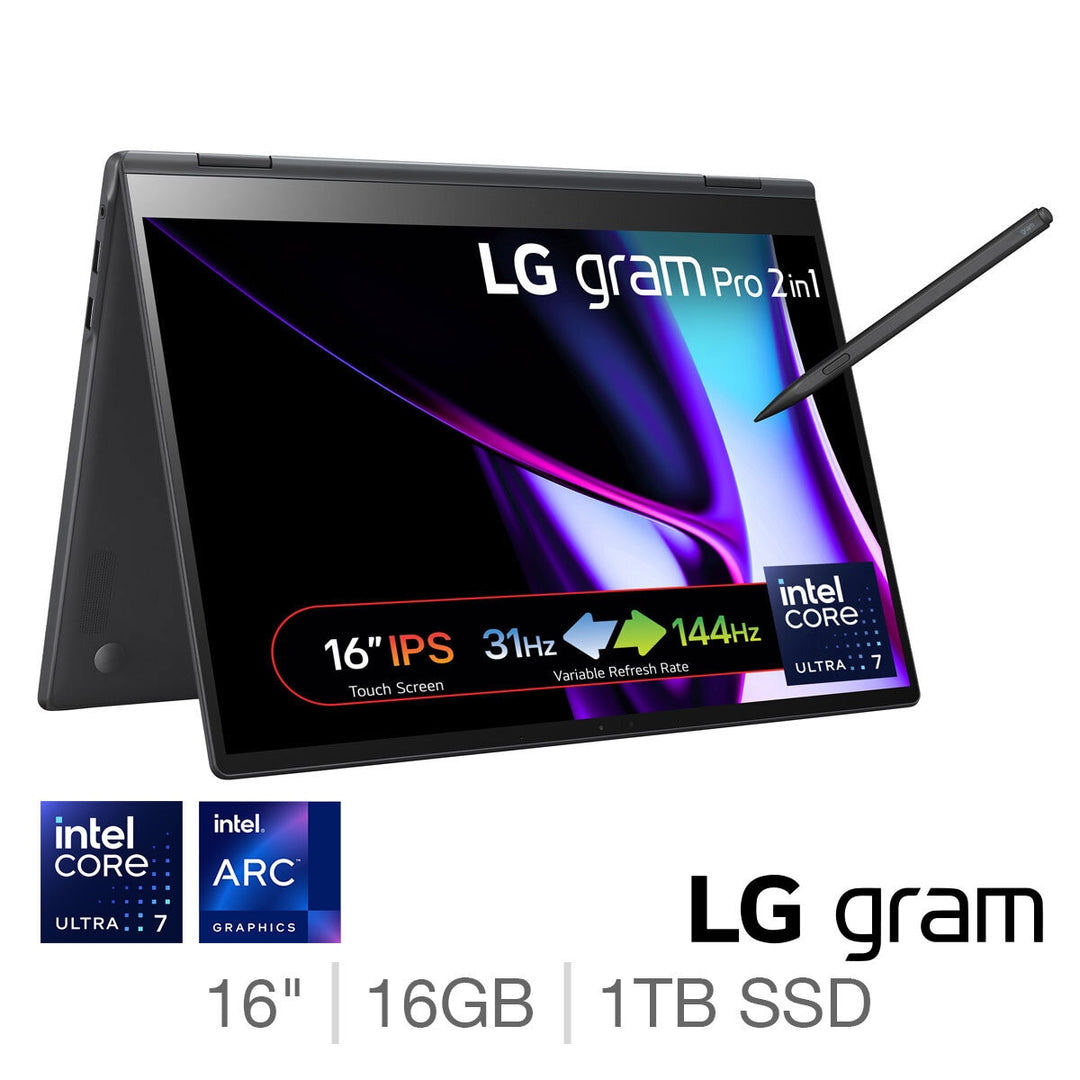 LG Gram Pro, Intel Core Ultra 7, 16GB RAM, 1TB SSD, 16 Inch Convertible 2 in 1 Laptop, 16T90SP-G.AA55A11