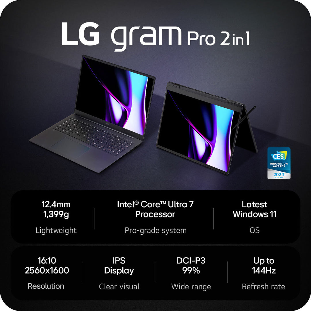 LG Gram Pro, Intel Core Ultra 7, 16GB RAM, 1TB SSD, 16 Inch Convertible 2 in 1 Laptop, 16T90SP-G.AA55A11