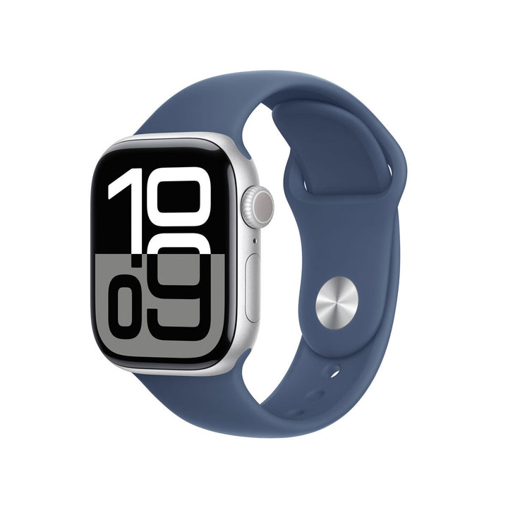 Apple Watch Series 10 GPS, 42mm Silver Aluminium Case with Denim Sport Band S/M, MWWA3QA/A