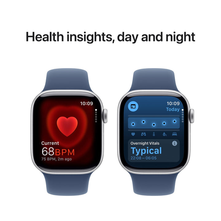 Apple Watch Series 10 GPS, 42mm Silver Aluminium Case with Denim Sport Band S/M, MWWA3QA/A