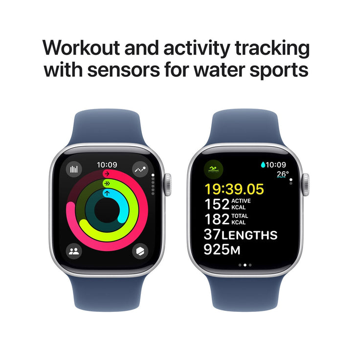 Apple Watch Series 10 GPS, 42mm Silver Aluminium Case with Denim Sport Band S/M, MWWA3QA/A