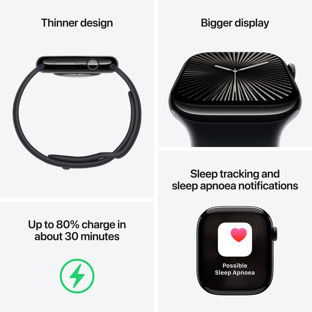 Apple Watch Series 10 GPS + Cellular, 42mm Black Aluminium Case with Black Sport Band S/M, MWX63QA/A