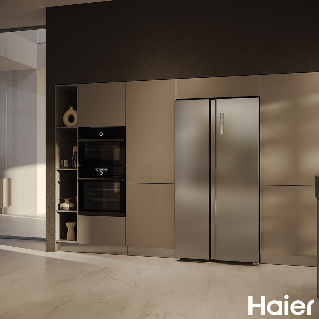 Haier HSW59F18DNMM, Side by Side Fridge Freezer, D Rated in Platinum Inox