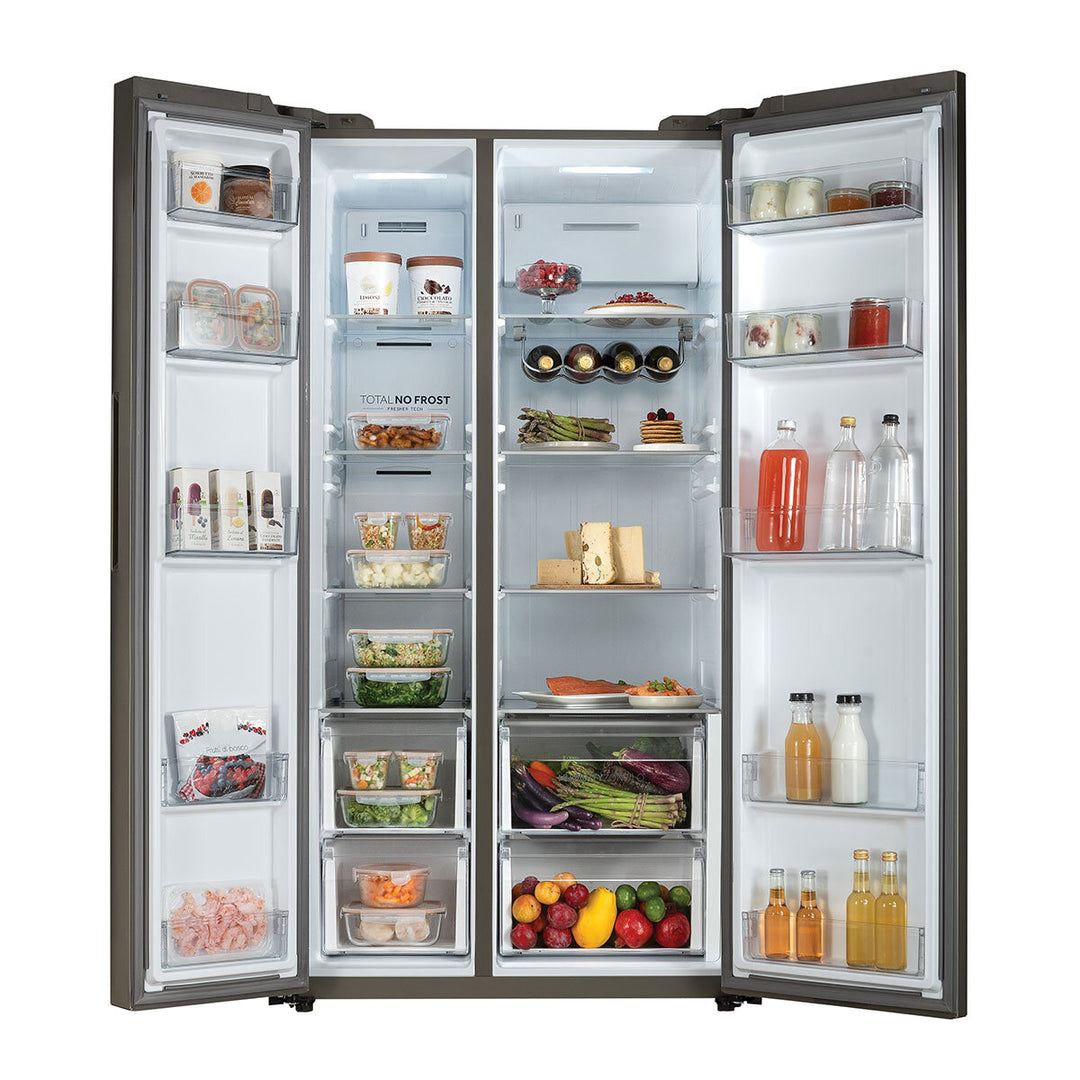 Haier HSW59F18DNMM, Side by Side Fridge Freezer, D Rated in Platinum Inox