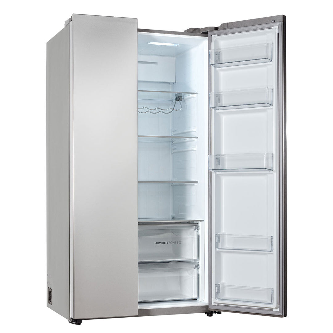 Haier HSW59F18DNMM, Side by Side Fridge Freezer, D Rated in Platinum Inox