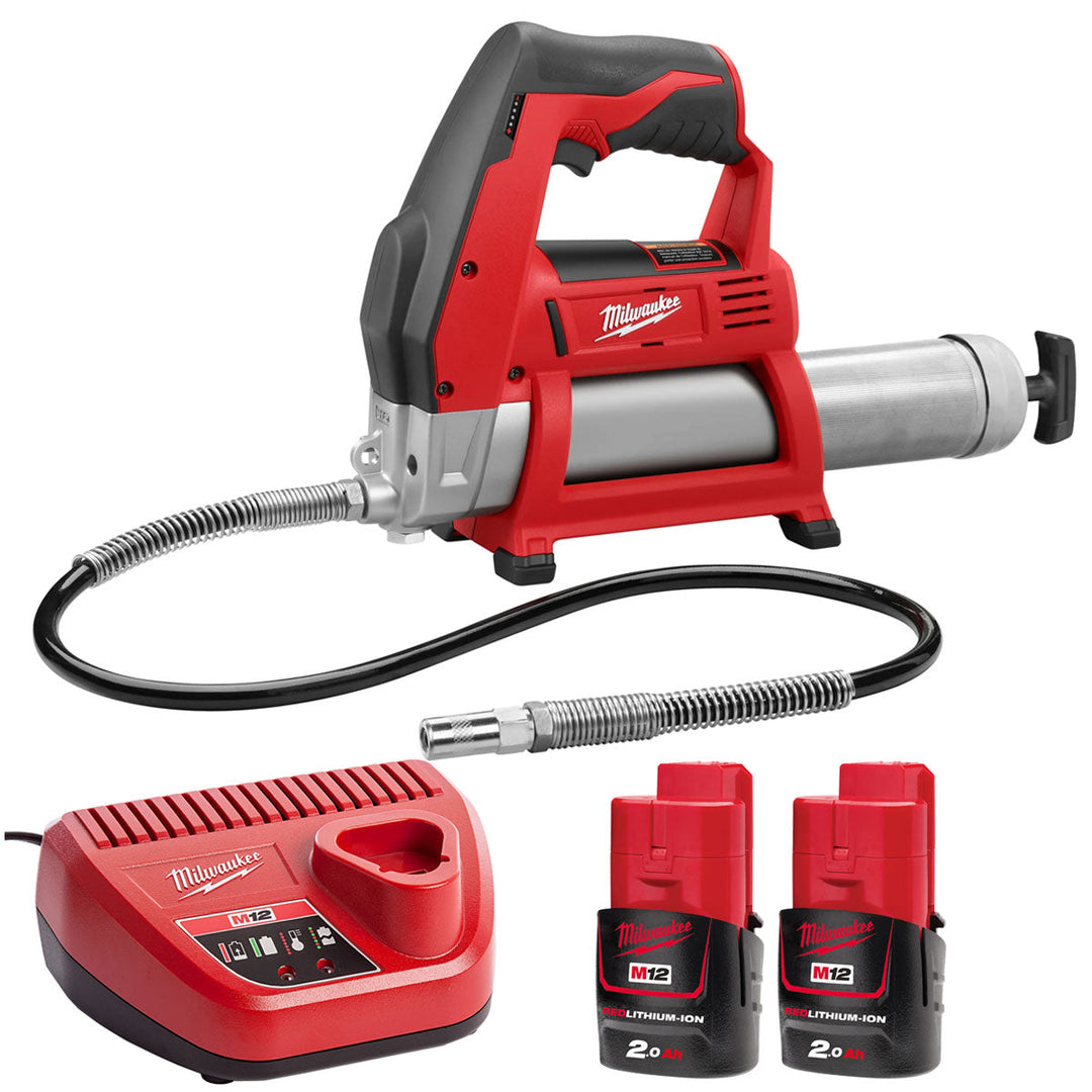 Milwaukee M12GG-0 12V Cordless Grease Gun with 2 x 2.0Ah Batteries &amp; Charger