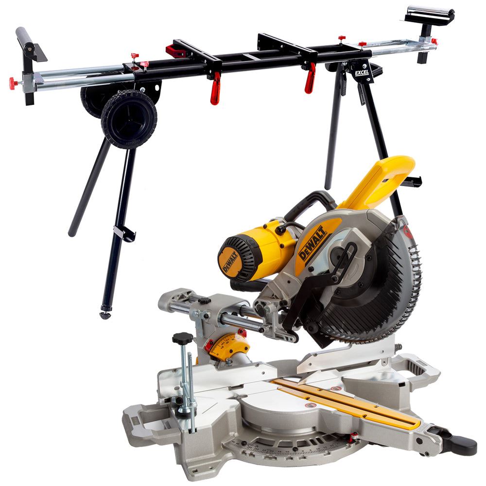 Dewalt DWS727 250mm Double Bevel Slide Mitre Saw XPS 110V + Universal Wheel Stand