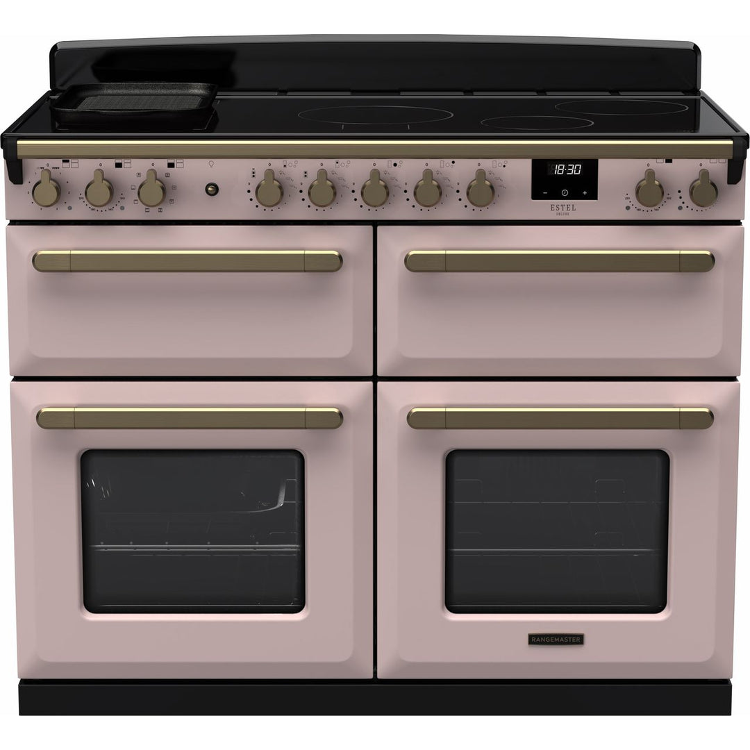 Rangemaster Estel Deluxe ESDLB110EIPPPK/AB1 110cm wide Electric Range Cooker with Induction Hob - Pale Pink / Antique Brass
