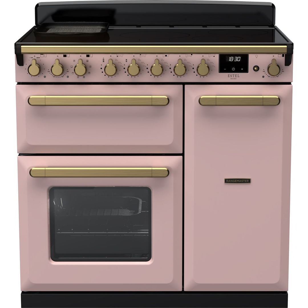 Rangemaster Estel Deluxe ESDL90EIPPPK/AB1 90cm wide Electric Range Cooker with Induction Hob - Pale Pink / Antique Brass