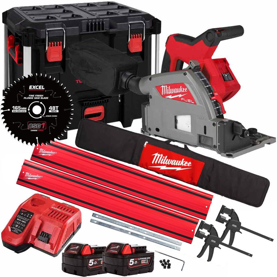 Milwaukee M18FPS55-0P 18V 165mm Fuel Brushless Plunge Saw + 2 x 5.0Ah Battery with Blade & Guide Rail Kit