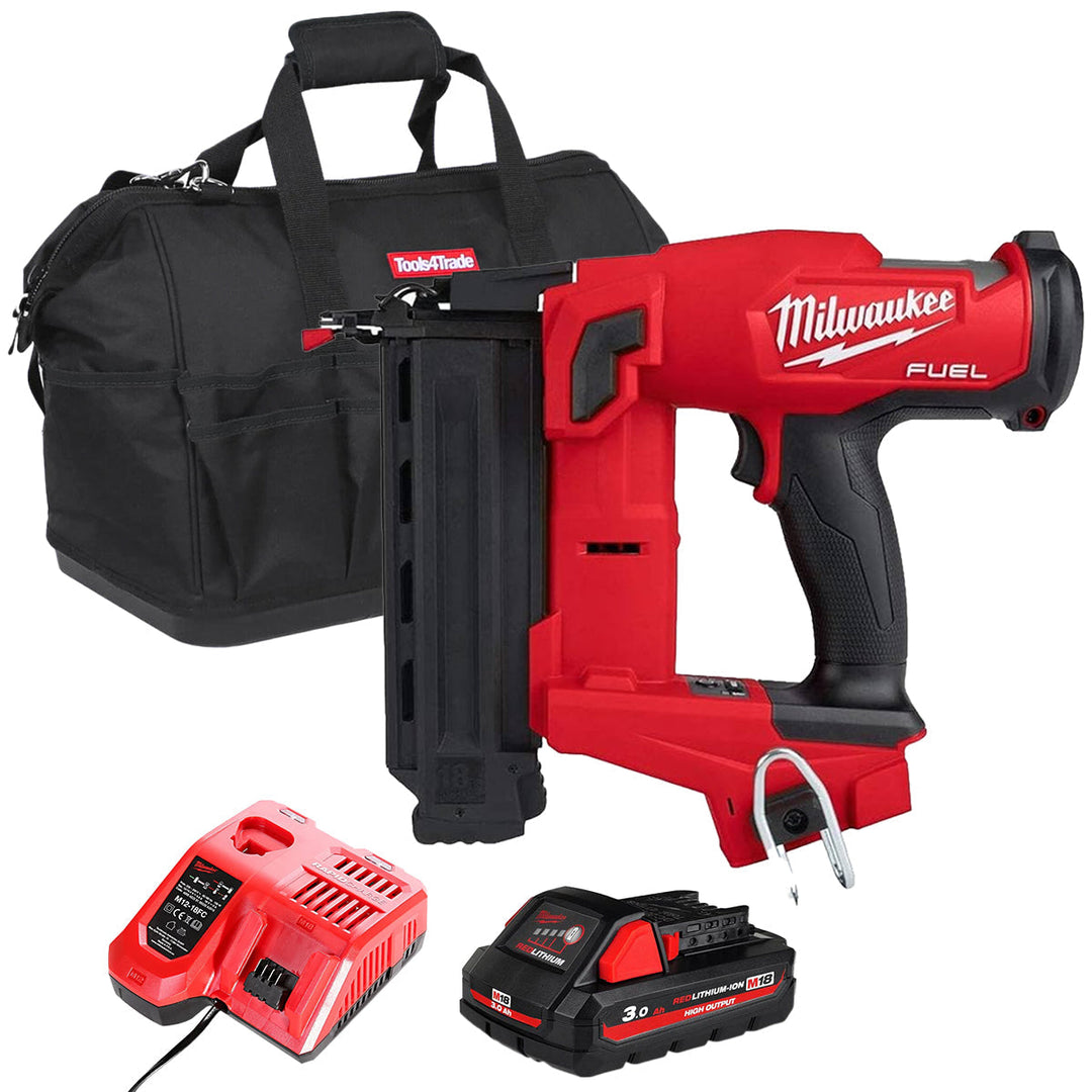 Milwaukee M18FN18GS-0 18V Fuel Brushless Second Fix Nailer with 1 x 3.0Ah Battery Charger & Bag
