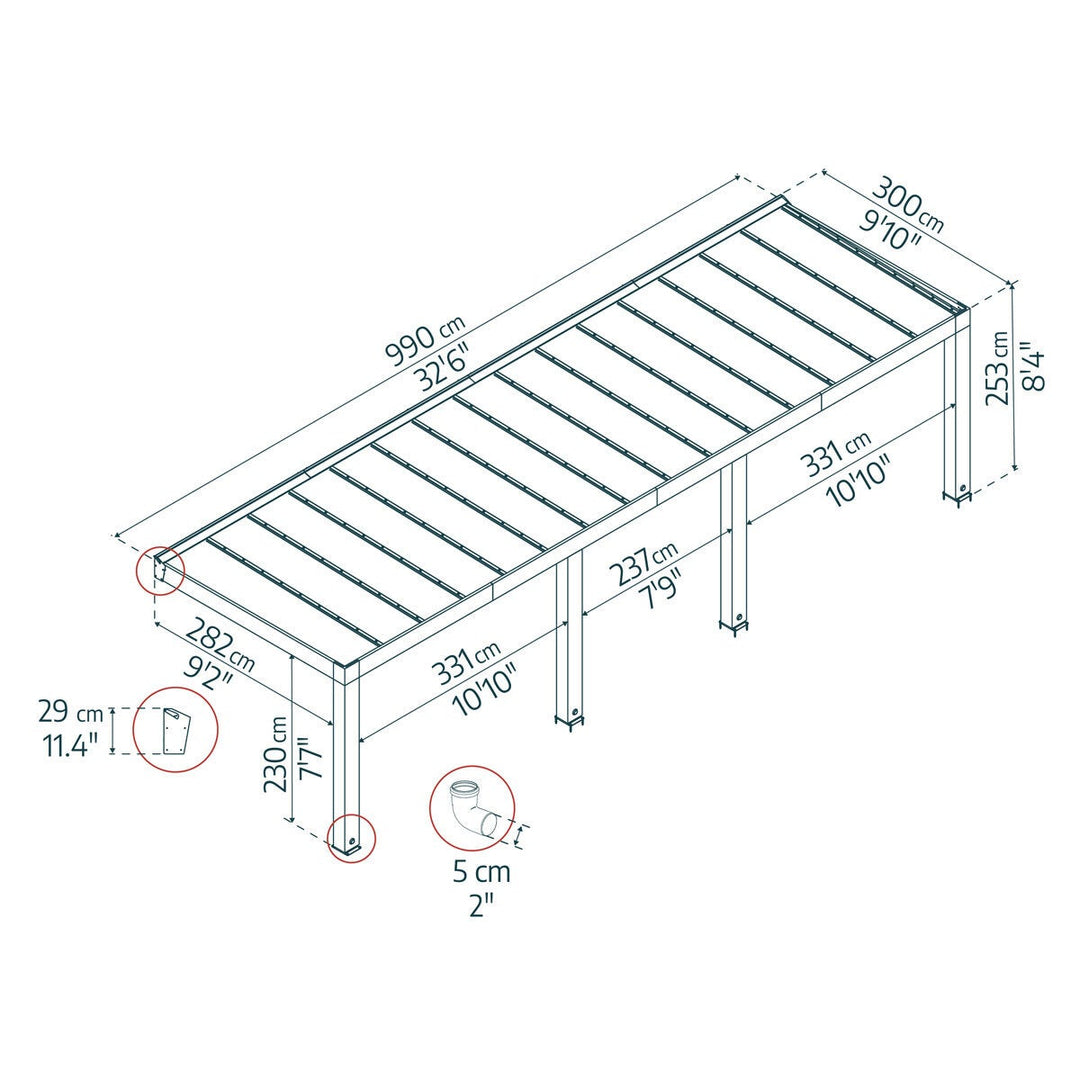 Palram Canopia Helsinki 9ft 10" x 32ft 6" (3m x 9.9m) Cedar Wood Patio Cover