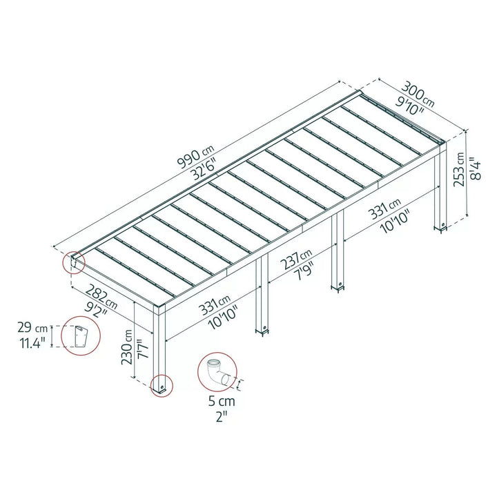 Palram Canopia Helsinki 9ft 10" x 32ft 6" (3m x 9.9m) Cedar Wood Patio Cover