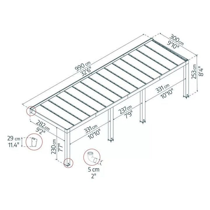 Palram Canopia Helsinki 9ft 10" x 32ft 6" (3m x 9.9m) Cedar Wood Patio Cover