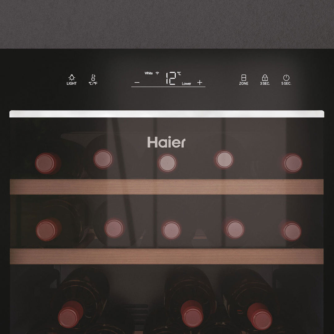 Haier HWS77GDAU1 77 Bottle Dual Zone Wine Cooler, G Rating in Black