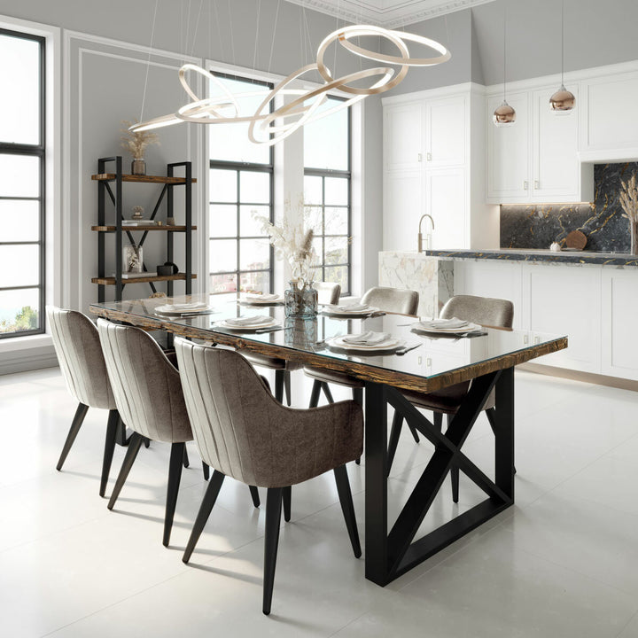 Indus Valley Porto Reclaimed Sleeper Wood Dining Table + 6 Grey Chairs