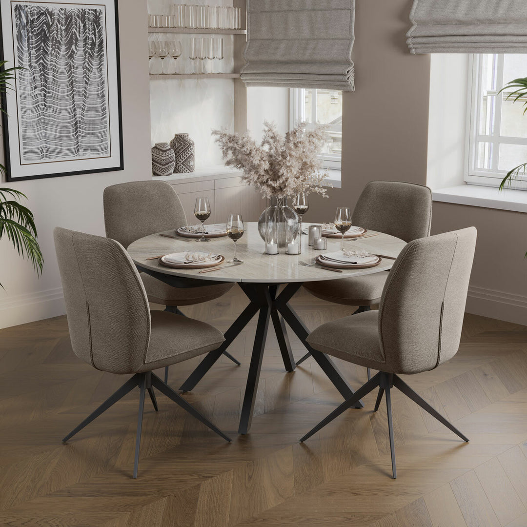Indus Valley Cavella Round Ceramic Extending Dining Table + 4 Beige Chairs